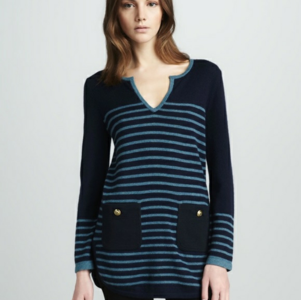 Tory Burch Navy and Teal Striped V-Neck Sweater